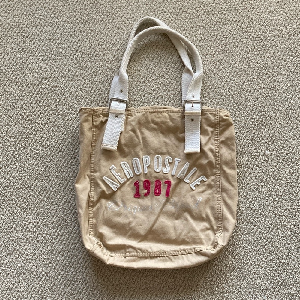 Aeropostale Shoulder Tote Bag Embossed Embroidered Logo Handbag Y2K Tan EUC